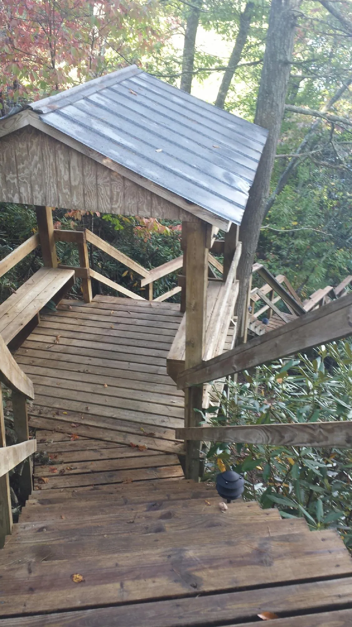 Metal roofed shelter over wooden steps on a wooded walkway — Skylight Repair & Installation work by our crew in Table Rock